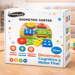Caja de juguete didáctico de madera con figuras geométricas encajables de colores, diseñado para desarrollar habilidades cognitivas y motricidad fina en niños desde 12 meses.