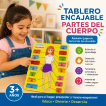 Niña jugando con tablero Montessori de partes del cuerpo