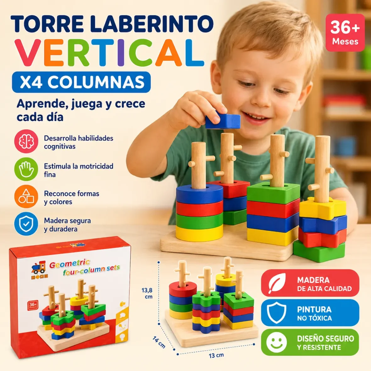 Torre Laberinto Vertical de Madera – Juego Educativo 4 Columnas