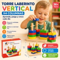 Torre laberinto vertical Montessori de madera con 4 columnas y piezas geométricas de colores para niños