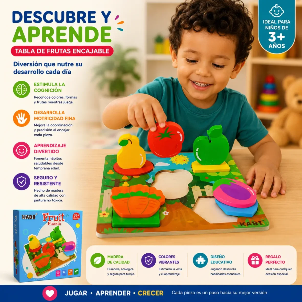 Rompecabezas Montessori de Frutas de Madera – Tabla Didáctica Encajable