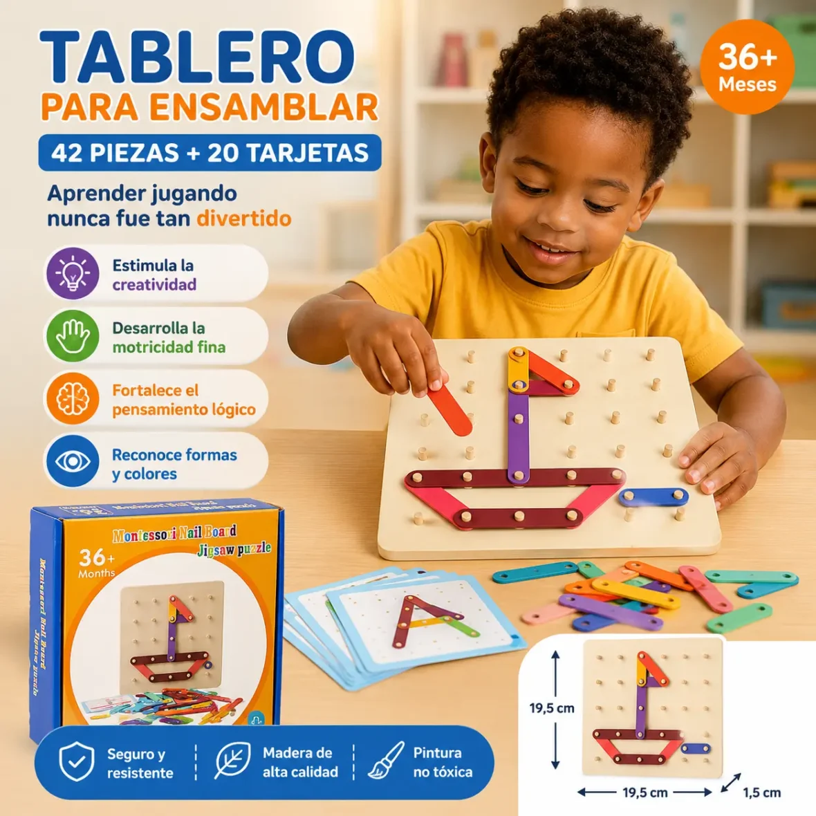 Tablero Montessori para Ensamblar de Madera – 42 Piezas y 20 Tarjetas