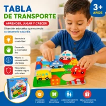 Niño jugando con tabla Montessori de transporte