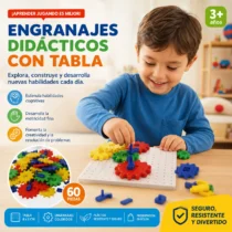 Niño jugando con engranajes didácticos educativos de colores sobre tabla perforada