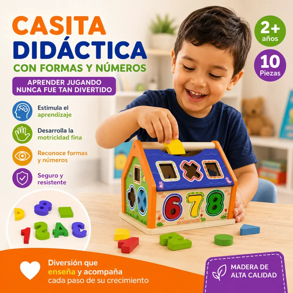 Casita Didáctica de Madera con Formas y Números Encajables– Juego Educativo Infantil 10 Piezas