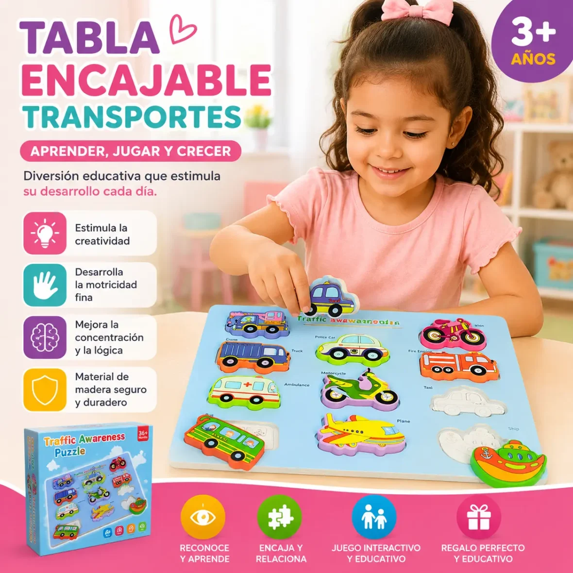 Tabla Encajable de Transportes Montessori para Niños