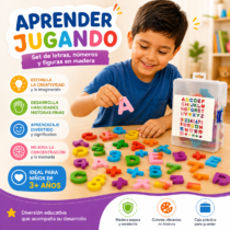 Juegos vocabulario niños con letras, números y figuras de madera para aprendizaje temprano.