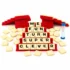 Juego educativo de deletreo Funny Spelling con soportes rojos, fichas de letras y reloj de arena para niños.