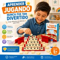Juego educativo de deletreo Funny Spelling con soportes rojos, fichas de letras y reloj de arena para niños.