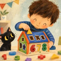 Niño jugando con una casita didáctica de madera con formas geométricas y números de colores, ideal para estimular el aprendizaje infantil.