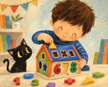 Niño jugando con una casita didáctica de madera con formas geométricas y números de colores, ideal para estimular el aprendizaje infantil.